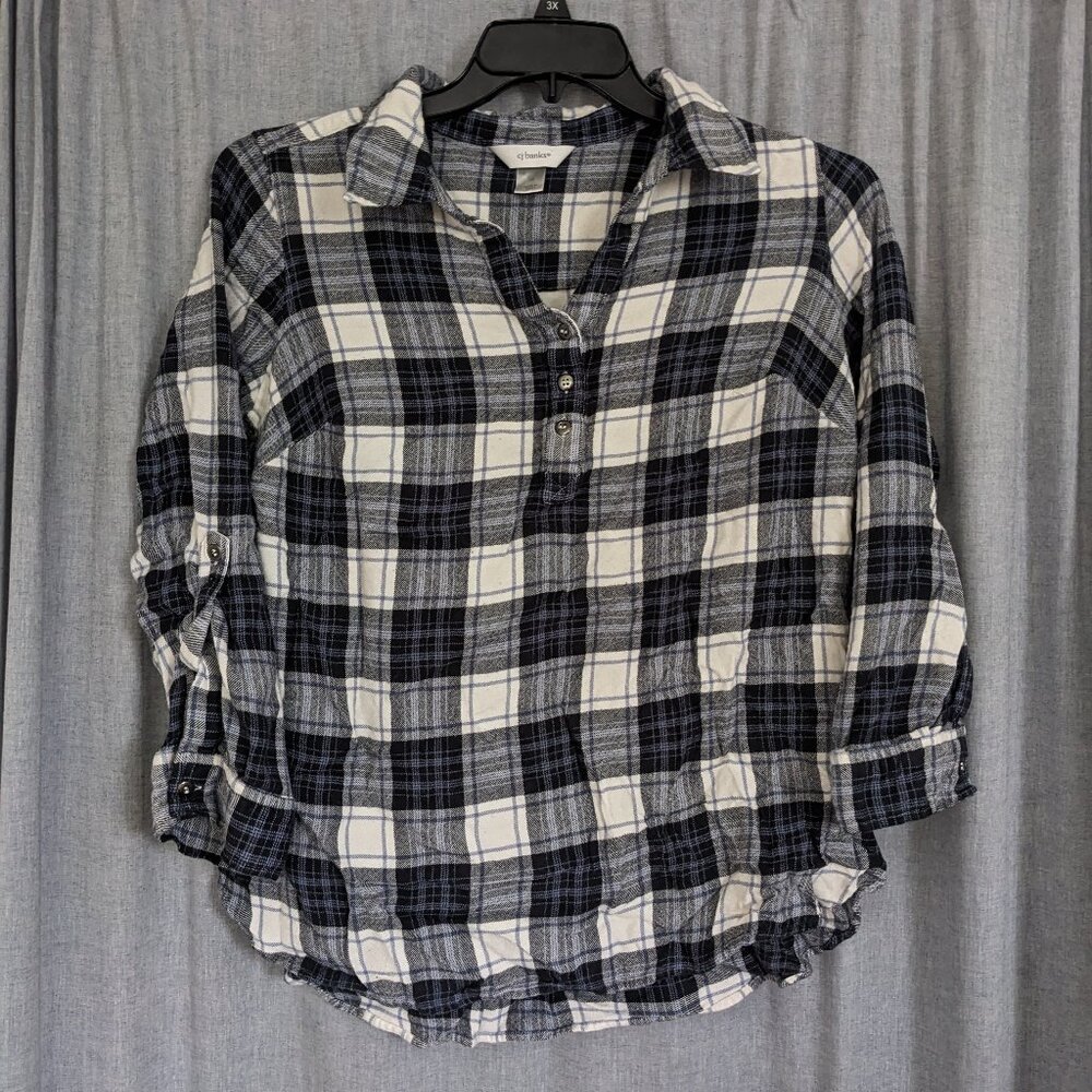 Cozy Pullover Plaid Top Womens 1X Roll Tab Sleeves Blue White Gray Soft Grunge